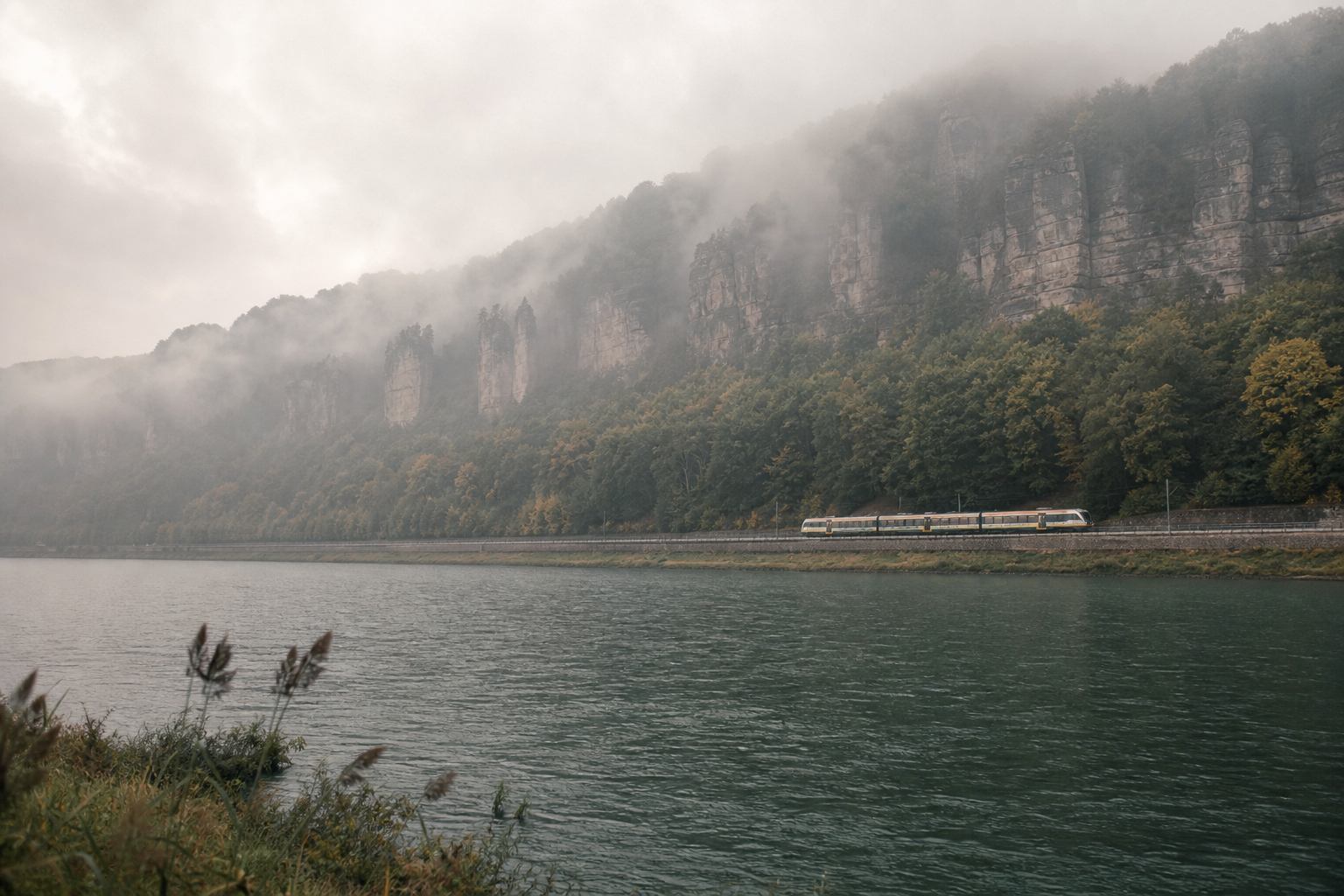 Regionalzug und Elbe vor Sandsteinkulisse