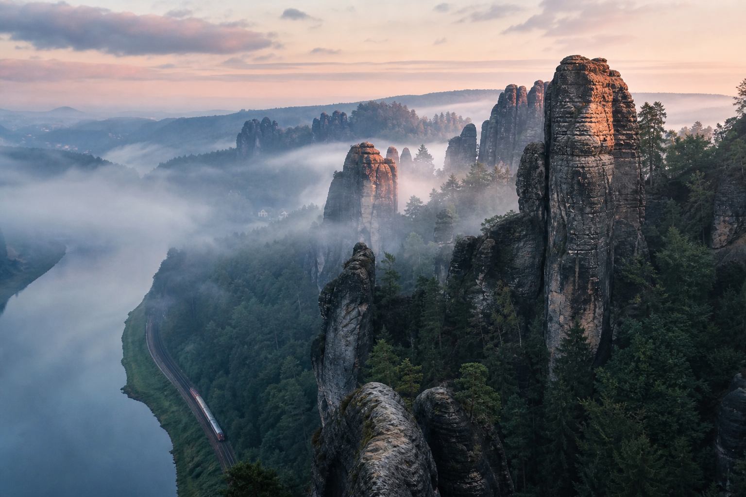 Morgennebel über Sandsteintürmen und der Elbe in der Sächsischen Schweiz