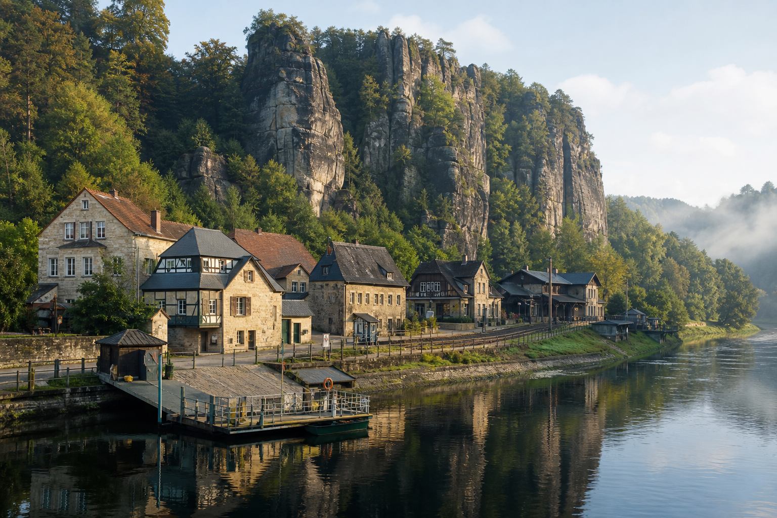 Kleiner Flussort an der Elbe mit Sandsteinhäusern